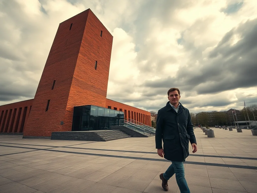 Zwiedzający spaceruje po nowoczesnym placu przed charakterystyczną, pochyłą wieżą Muzeum II Wojny Światowej w Gdańsku.