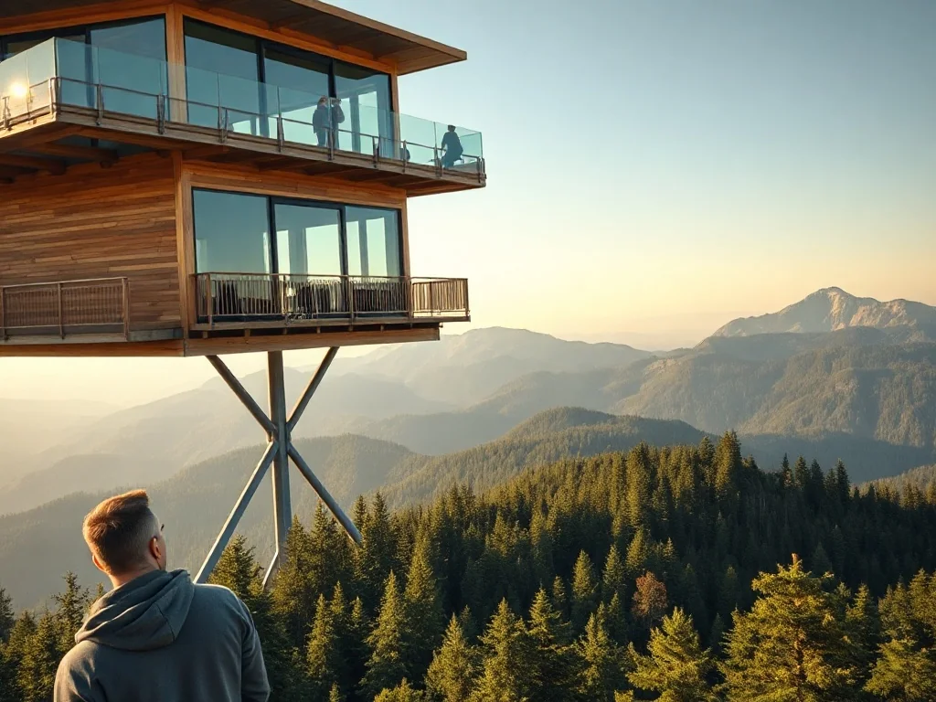 Mężczyzna podziwiający panoramę gór z nowoczesnej, drewnianej wieży widokowej otoczonej lasem w świetle zachodzącego słońca.