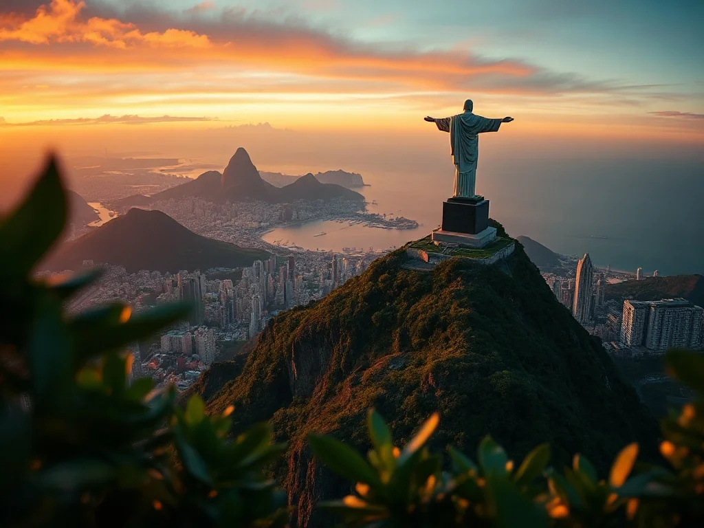 Pomnik Chrystusa Odkupiciela na szczycie góry Corcovado w Rio de Janeiro podczas malowniczego zachodu słońca.