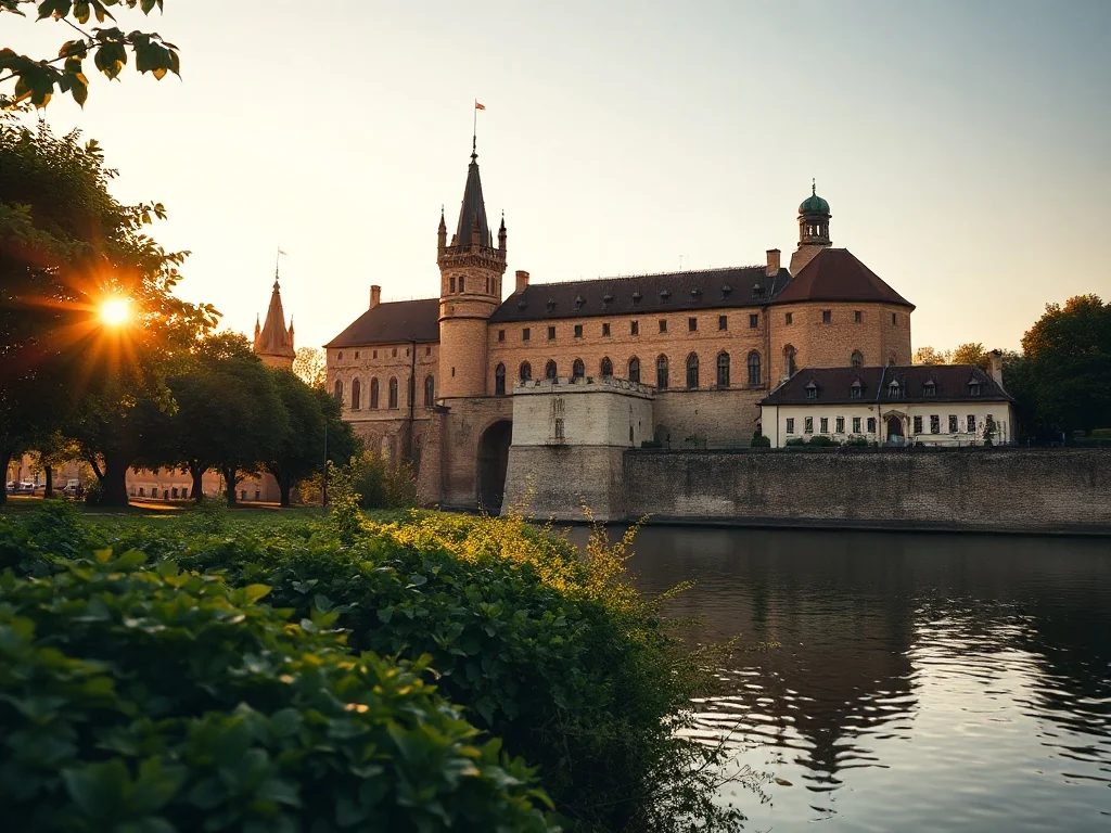 Zamek Królewski na Wawelu o zachodzie słońca, widoczny od strony zielonego brzegu Wisły.