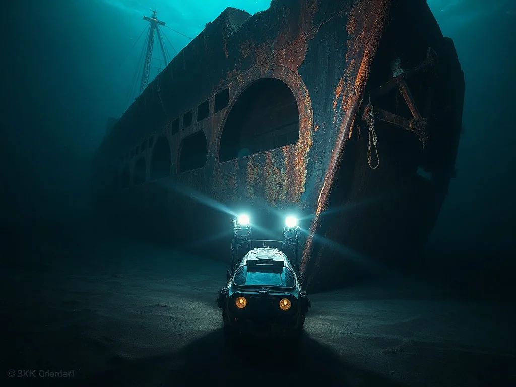Wrak Titanica spoczywający na dnie oceanu, oświetlony przez reflektory nowoczesnej łodzi podwodnej.