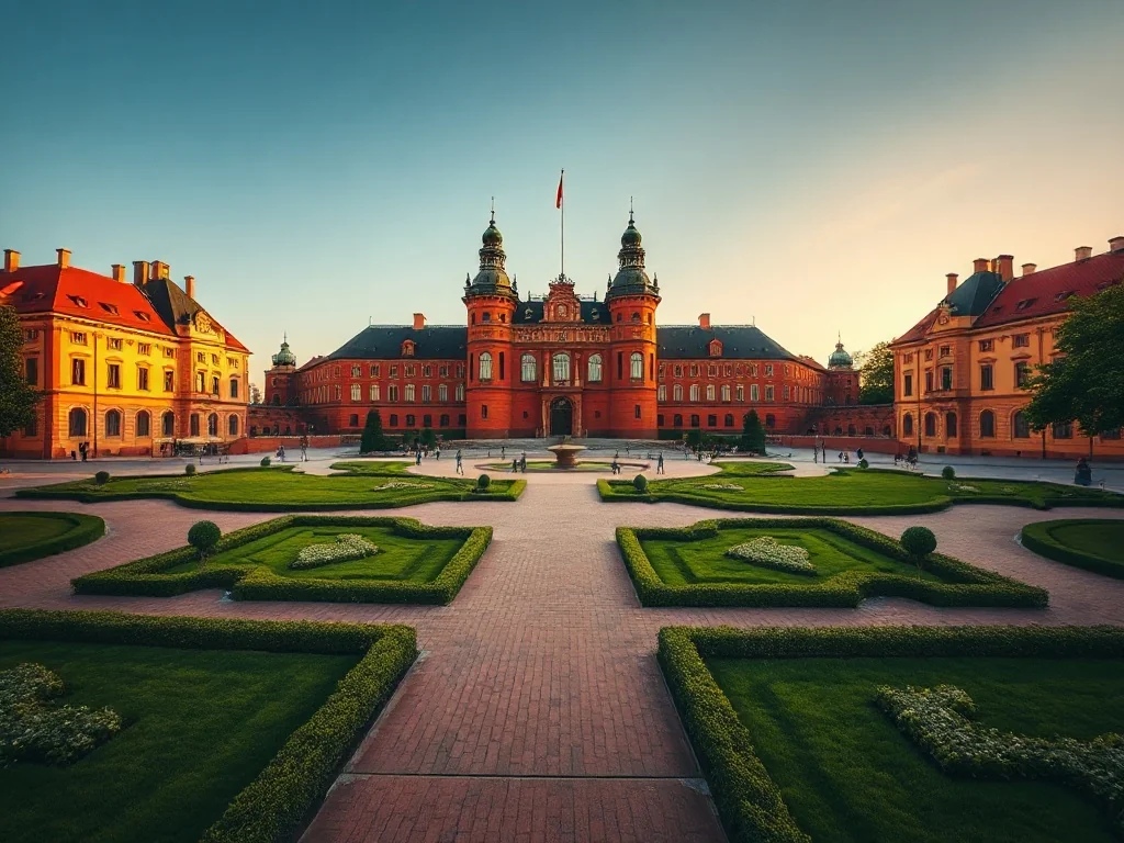 Zamek Królewski w Warszawie o zachodzie słońca z widokiem na ogrody i Wisłę w ciepłym, złotym świetle.
