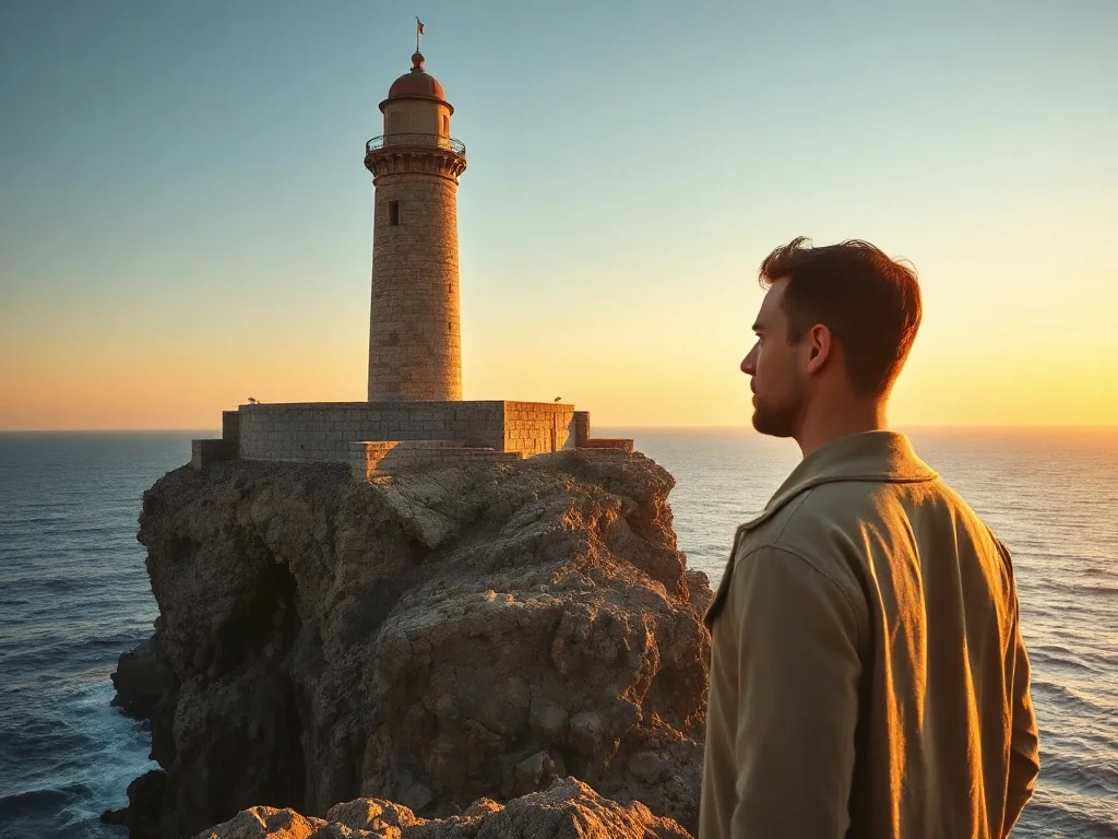 Mężczyzna patrzący na morze w stronę starożytnej latarni morskiej na Faros podczas zachodu słońca.