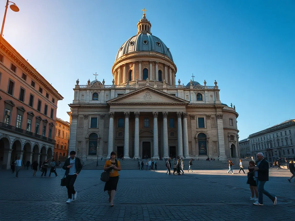 Monumentalna fasada bazyliki św. Piotra z kopułą w blasku zachodzącego słońca oraz placem wypełnionym turystami.