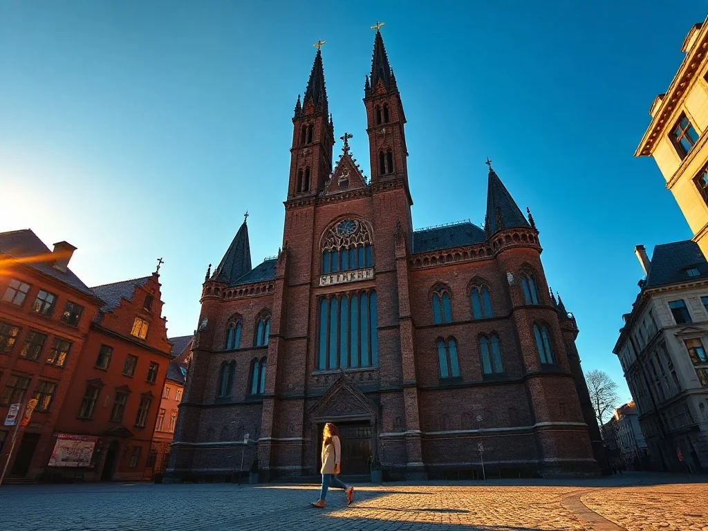 Majestatyczna Bazylika Mariacka w Gdańsku oświetlona ciepłym światłem zachodzącego słońca nad historycznym Starym Miastem.