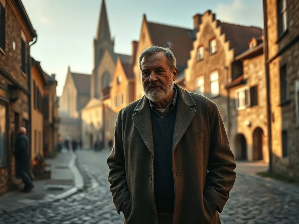 Starszy mężczyzna spaceruje brukowaną uliczką historycznego polskiego miasta w porannej mgle.